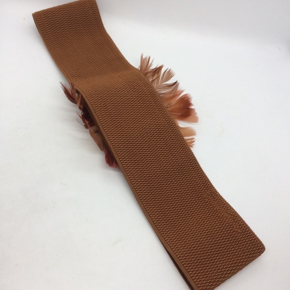 3/$30 VINTAGE FEATHER STRETCH BELT WIDE BROWN RHINESTONE ELASTIC FAUX LEATHER - Picture 14 of 14